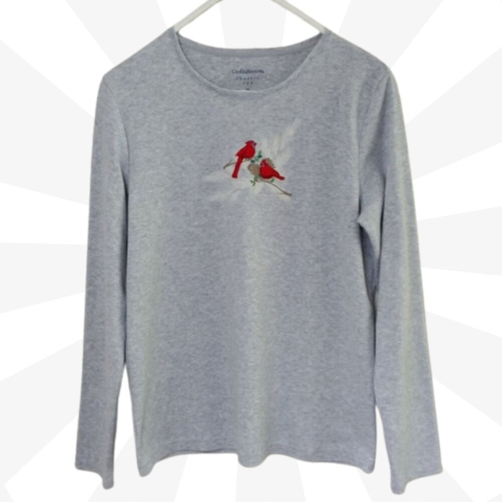 Share Croft & Barrow Grey Tee Size M Marled Long Sleeves Embroidered XMas